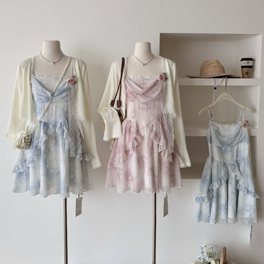 Strap + Plain Spaghetti Mini Cardigan Print Set: Floral Dress A-Line