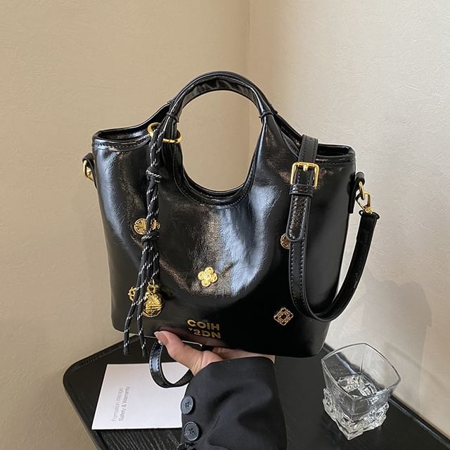 Bucket Faux Bag Top Leather Handle
