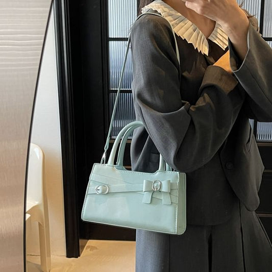 Handle Leather Bow Bag Faux Buckled Crossbody Top