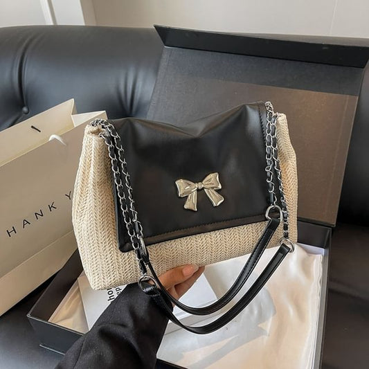 Flap Bow Woven Shoulder Bag