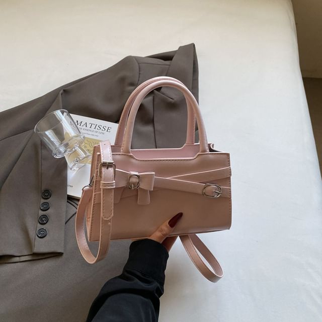 Handle Leather Bow Bag Faux Buckled Crossbody Top