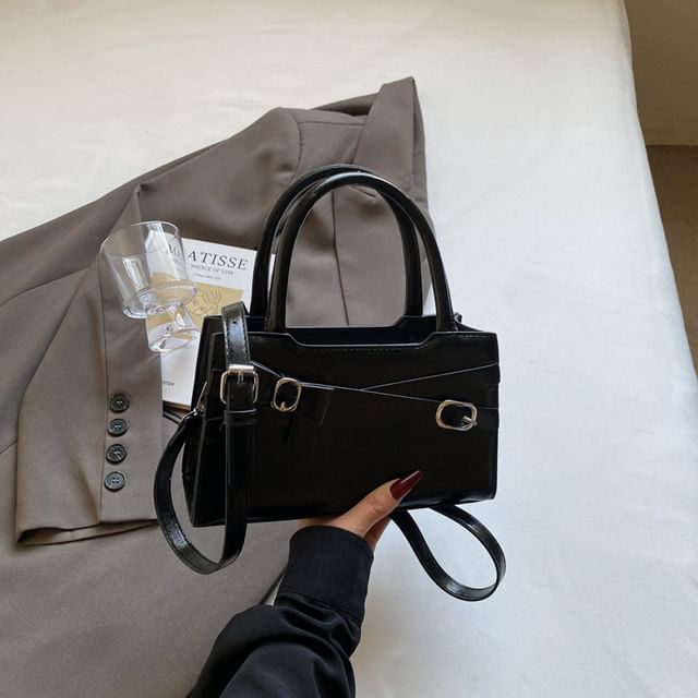 Handle Leather Bow Bag Faux Buckled Crossbody Top