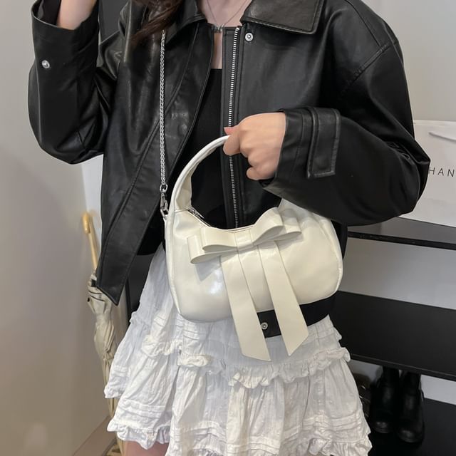 Bow Chain Crossbody Plain Strap Leather Bag Faux Accent