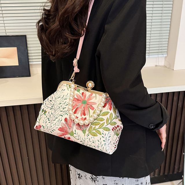 Crossbody Faux Pearl Floral Bag Jacquard Strap