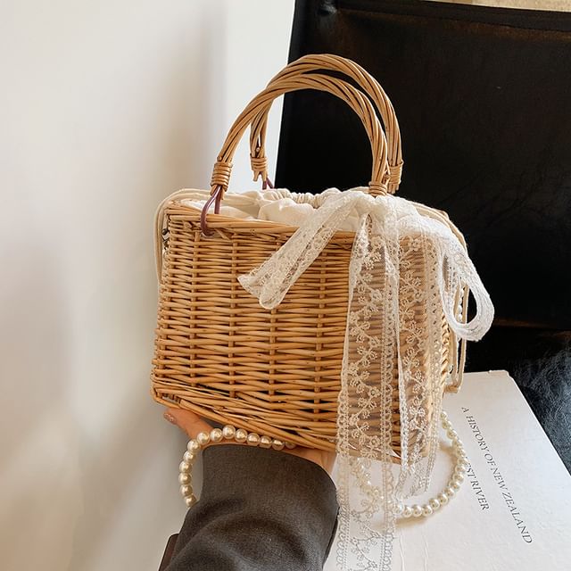 Strap Scarf Drawstring Faux + Pearl Set: Straw Bag Crossbody