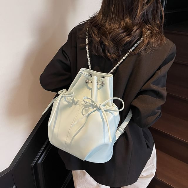 Backpack Plain Faux Leather Drawstring