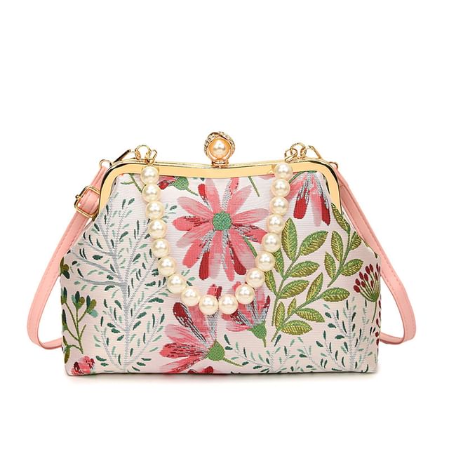 Crossbody Faux Pearl Floral Bag Jacquard Strap
