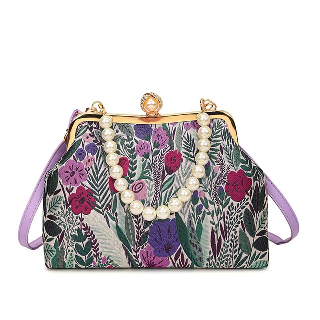 Crossbody Faux Pearl Floral Bag Jacquard Strap