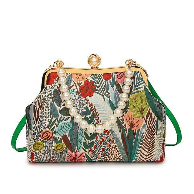 Crossbody Faux Pearl Floral Bag Jacquard Strap
