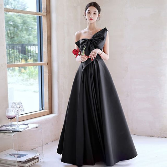 Sleeveless A-Line Plain Gown Evening Bow One-Shoulder