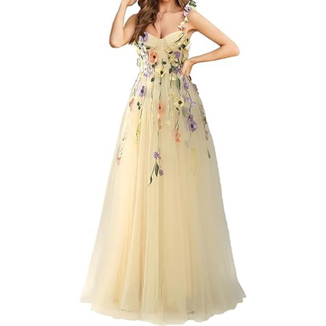 Strap Floral Evening Gown Spaghetti Embroidered Mesh A-Line