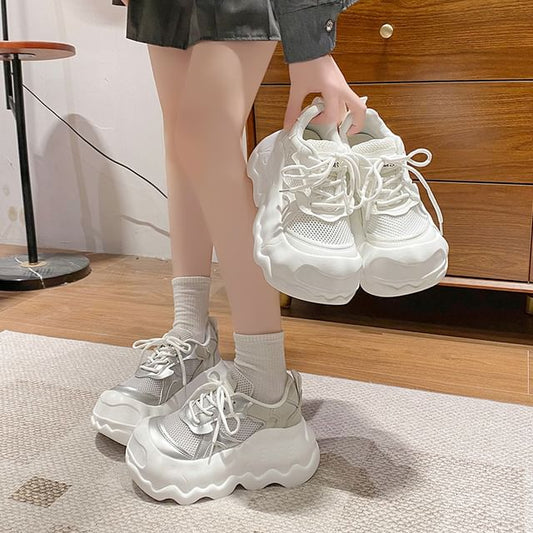 Leather Lace-Up Panel Sneakers Mesh Platform Faux