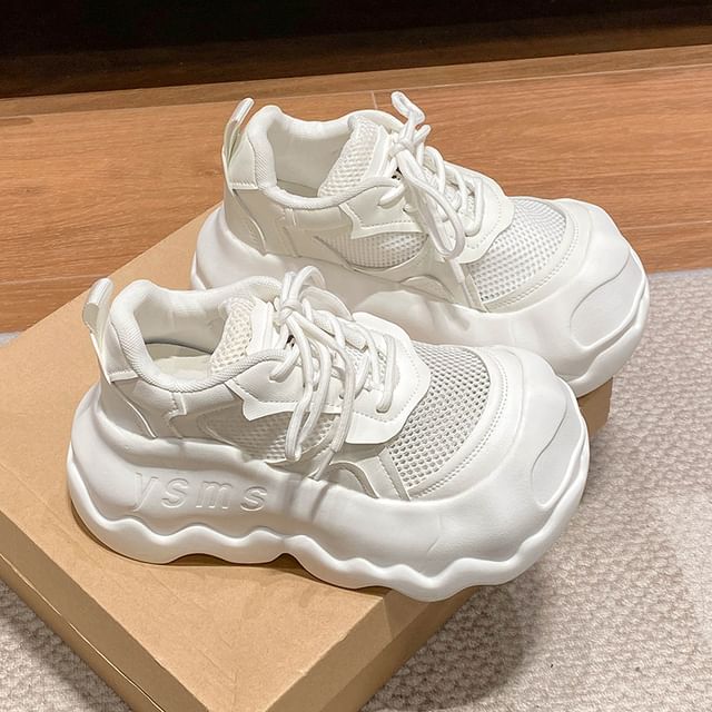 Leather Lace-Up Panel Sneakers Mesh Platform Faux