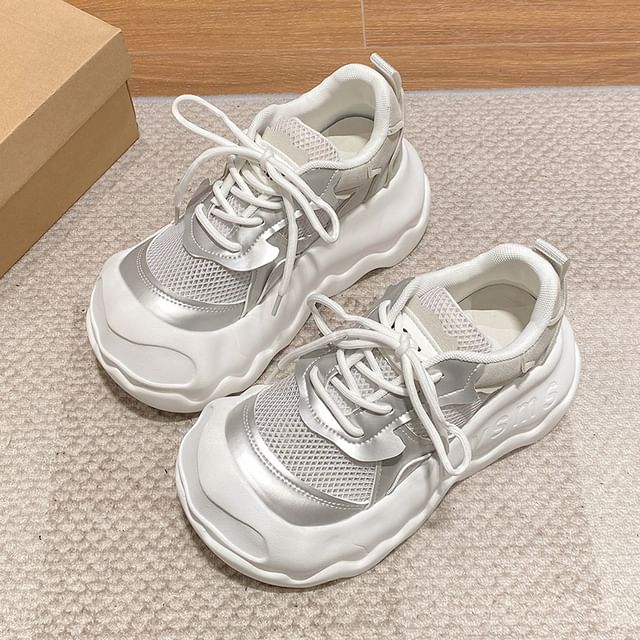 Leather Lace-Up Panel Sneakers Mesh Platform Faux