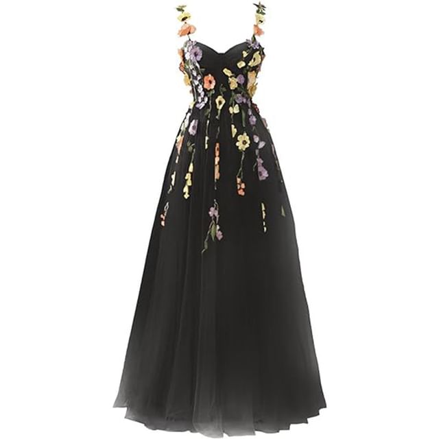 Strap Floral Evening Gown Spaghetti Embroidered Mesh A-Line