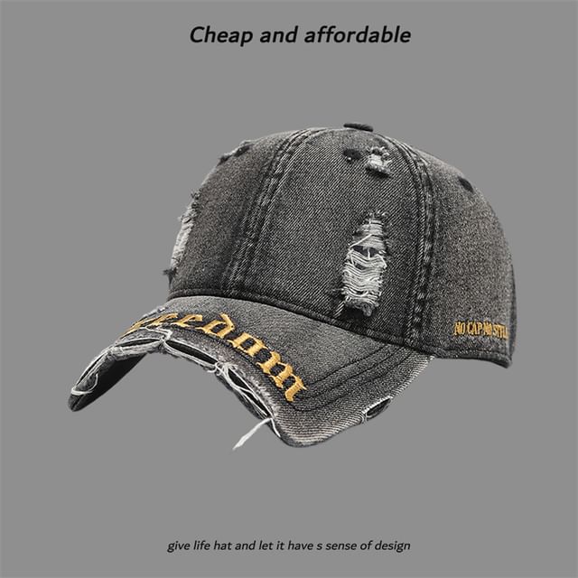 Washed Letter Embroidered Distressed Cap