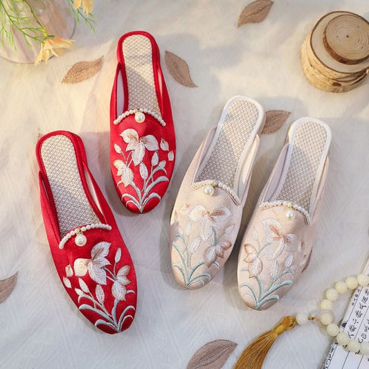 Floral Faux Mules Embroidered Pearl