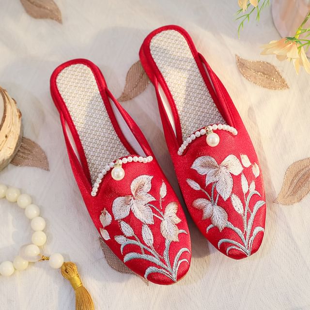 Floral Faux Mules Embroidered Pearl