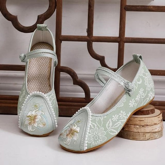 Heel Shoes Floral Embroidery Wedge