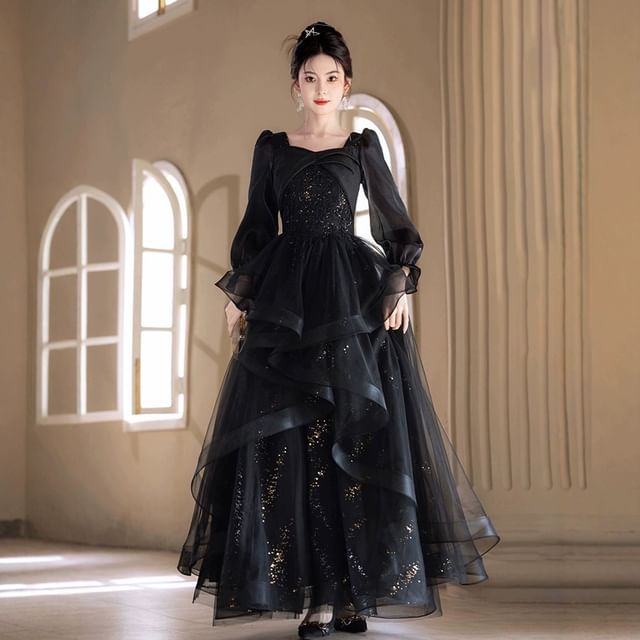 Gown A-Line Evening Sleeve Neck Long Square Starry