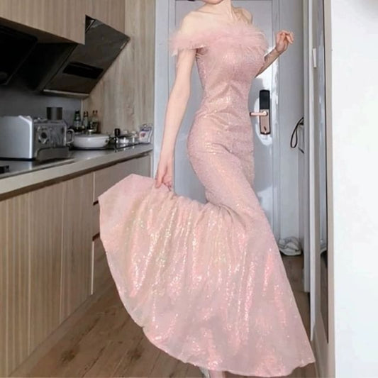 Glitter Gown Evening Mermaid Off-The-Shoulder Feather Accent