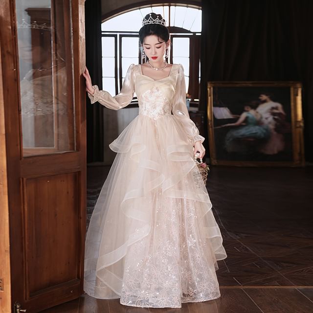 Gown A-Line Evening Sleeve Neck Long Square Starry