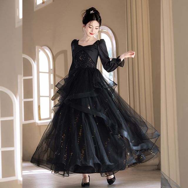 Gown A-Line Evening Sleeve Neck Long Square Starry