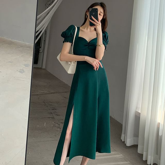 Dress A-Line Sleeve Plain Neck Slit Midi Puff Sweetheart