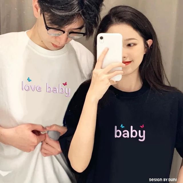 Short Print Sleeve T-Shirt Round Matching Neck Lettering Couple