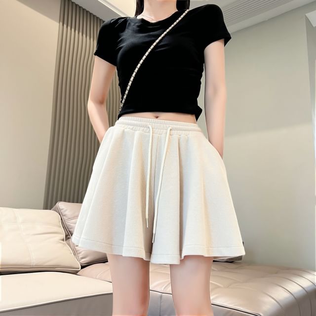 Leg Plain Shorts Waist Drawstring Wide