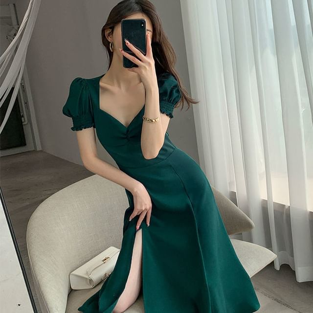 Dress A-Line Sleeve Plain Neck Slit Midi Puff Sweetheart