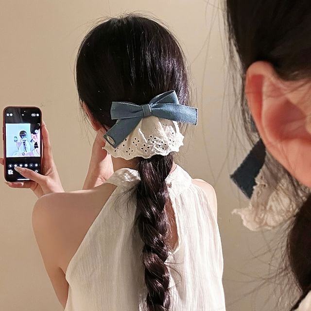 Panel Ruffle Hair Denim Clip Bow
