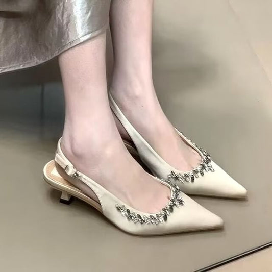 Heel Slingback Toe Stiletto Pointed Pumps Rhinestone