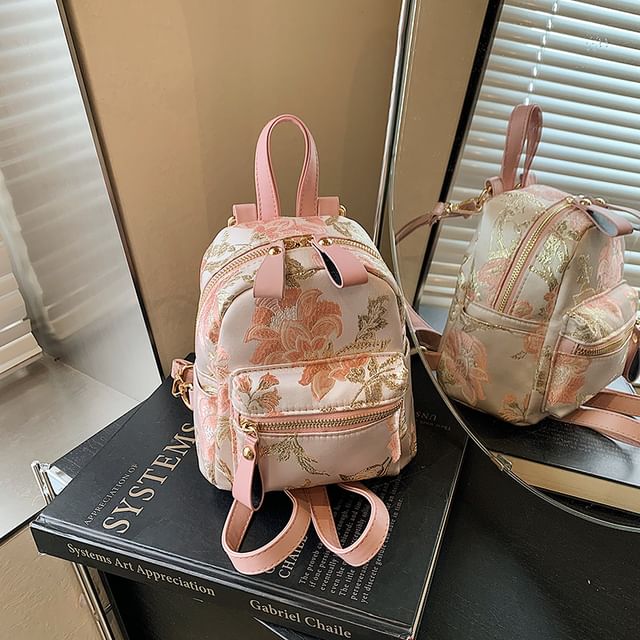 Multi-Pocket Backpack Embroidered Flower