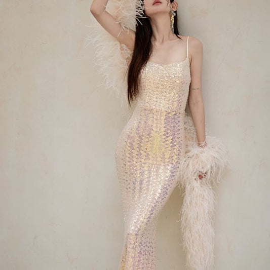 Sheath Strap Gown Evening Spaghetti Sequin