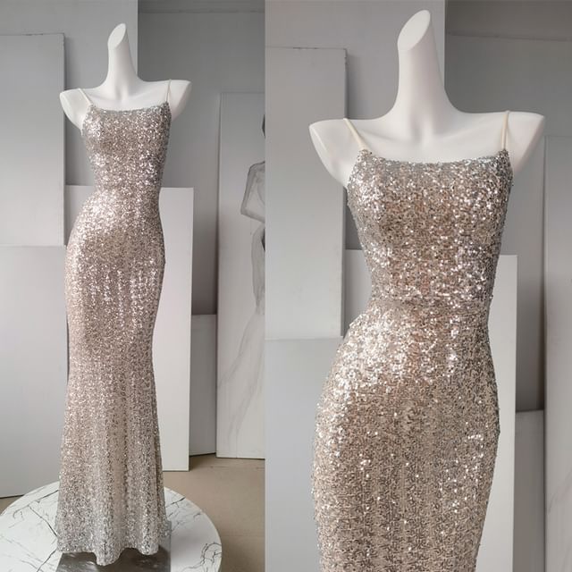 Sheath Strap Gown Evening Spaghetti Sequin