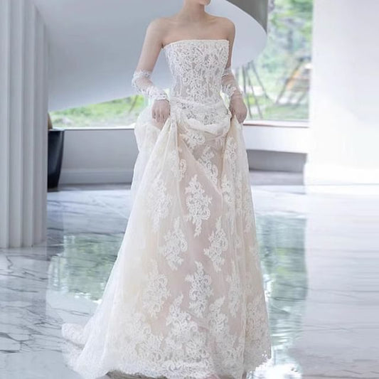 Tube Plain Lace Wedding Gown A-Line