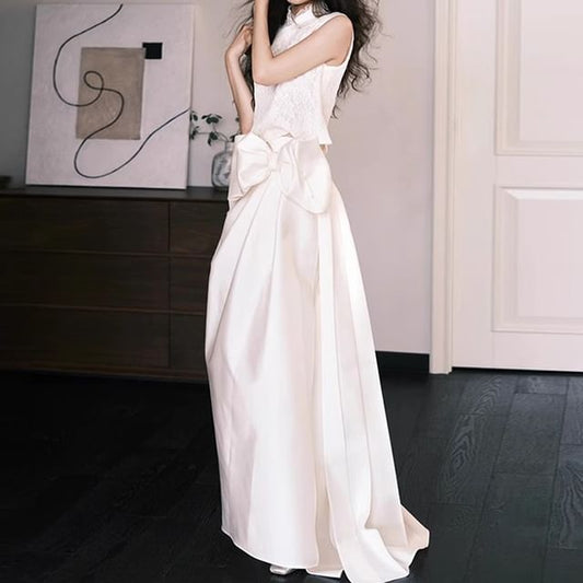 Stand Sleeveless Plain Gown Bow Lace Collar A-Line Panel Evening