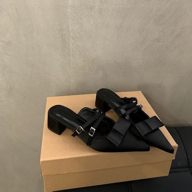 Mules Mary Jane Pointed Heel Toe Chunky Bow