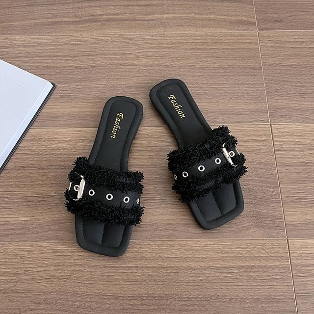 Square-Toe Slide Tasseled Sandals Buckled