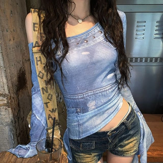 Long-Sleeve Print Crop Neck Asymmetrical Slim Fit Tee