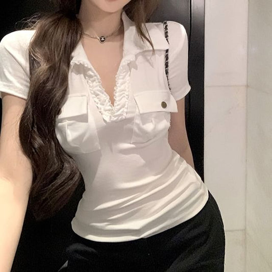 Plain Collar Short-Sleeve Slim Tee Fit