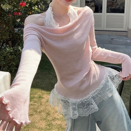 Panel Slim Two-Piece Halter Fit Mock Tee Long-Sleeve Lace