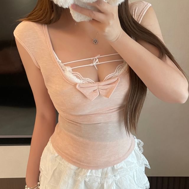 Panel T-Shirt Neck Lace / Bow Slim Scoop Top Cap-Sleeve Fit Bra
