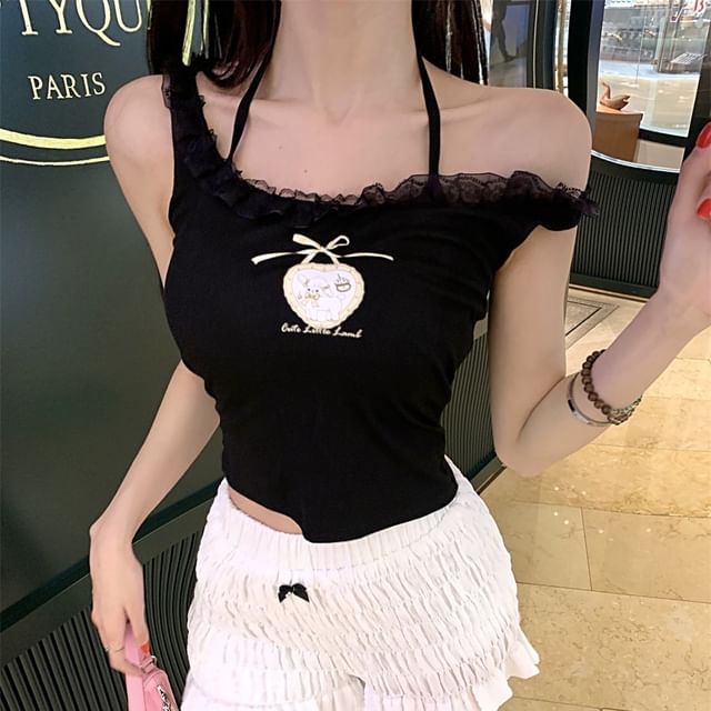 Cami Lace Crop Print Trim Top Cartoon