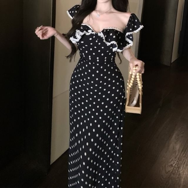 Maxi Cap-Sleeve Lace Fit Dotted Sheath Tank Dress Trim Top / Slim Ruffle