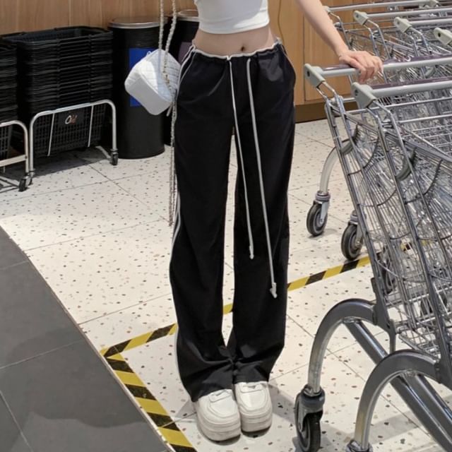 Waist Fit Pants Plain Short-Sleeve Striped Trim / Crop Drawstring Loose Off-Shoulder Tee