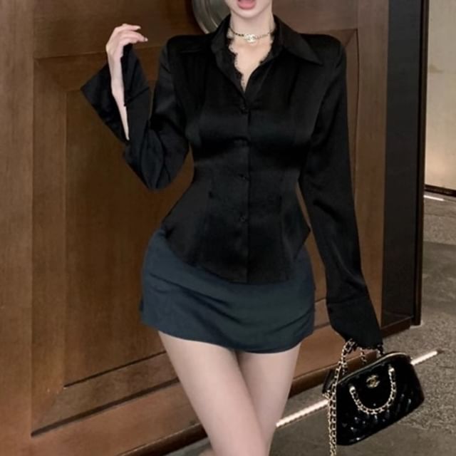 / Mini Blouse Skirt Plain Lace Rise Trim Long-Sleeve Button-Up Collared High Pencil