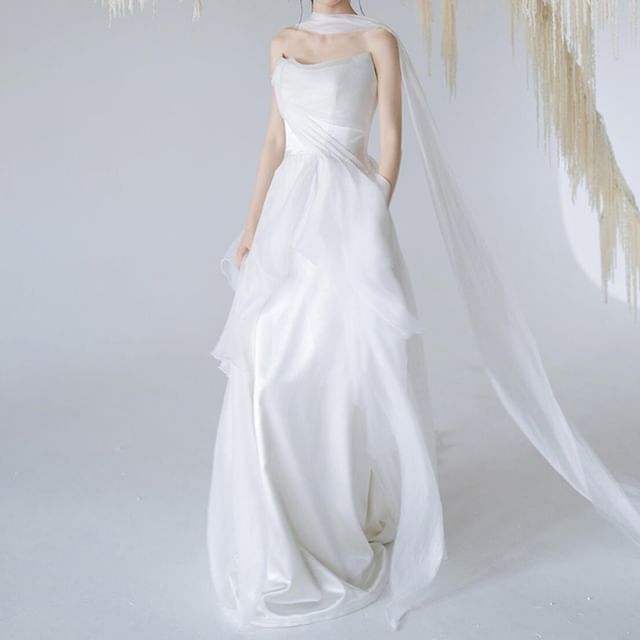 Gown + Strapless Wedding Mesh Panel Plain Set: A-Line Scarf