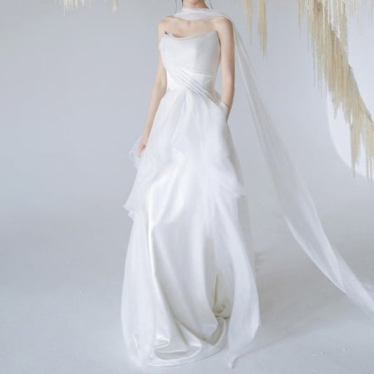 Gown + Strapless Wedding Mesh Panel Plain Set: A-Line Scarf